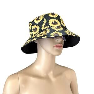 Sunflower Sun Bucket Hat Womens Black Floral Wide Summer Beach Fishing Outdoor